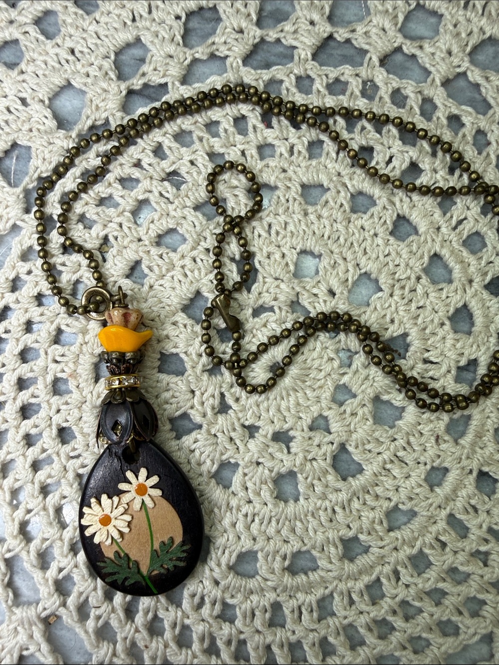 Handpainted Daisy Teardrop Pendant 26” Necklace - Yellow & Brown